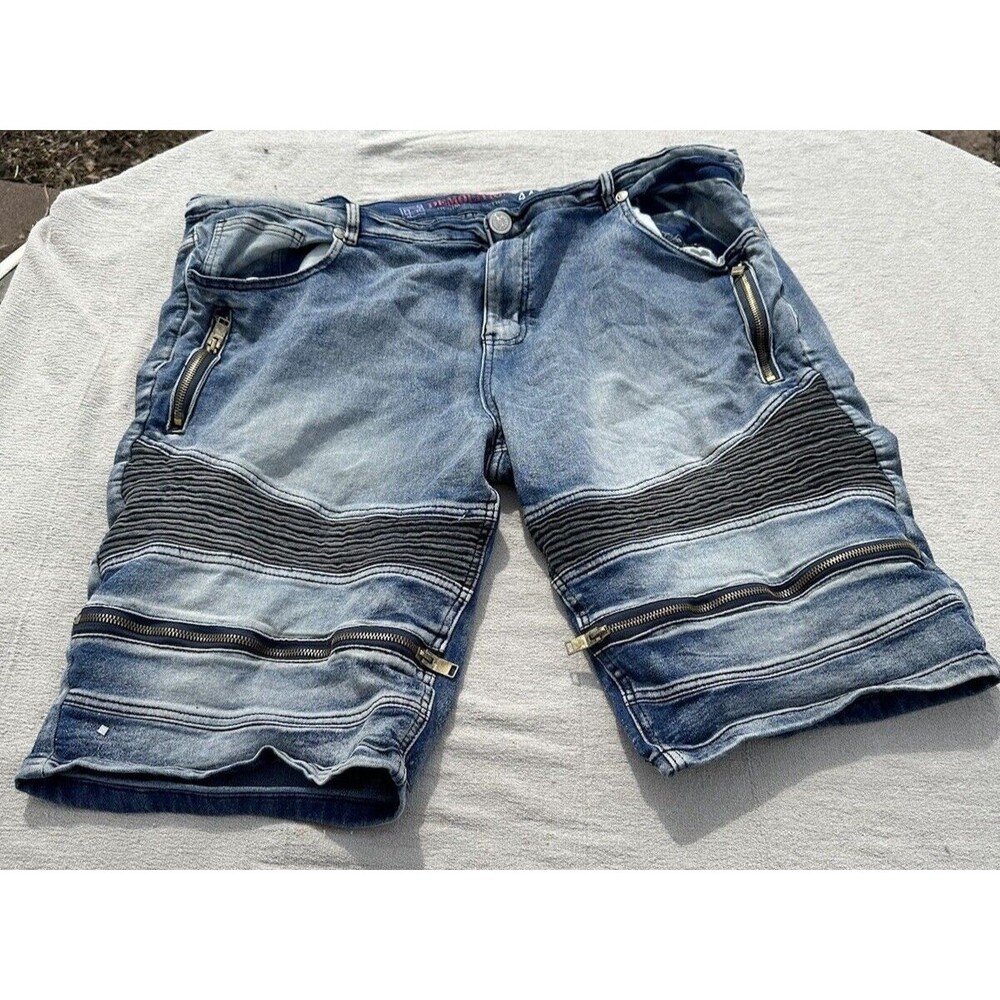 VTG DEMOLITION Mens Size W44 Jean Moto Biker Shorts Double-Zip Denim Bermuda